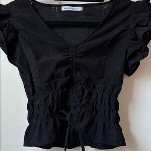 Black eyelet ruffle sleeve blouse v neck